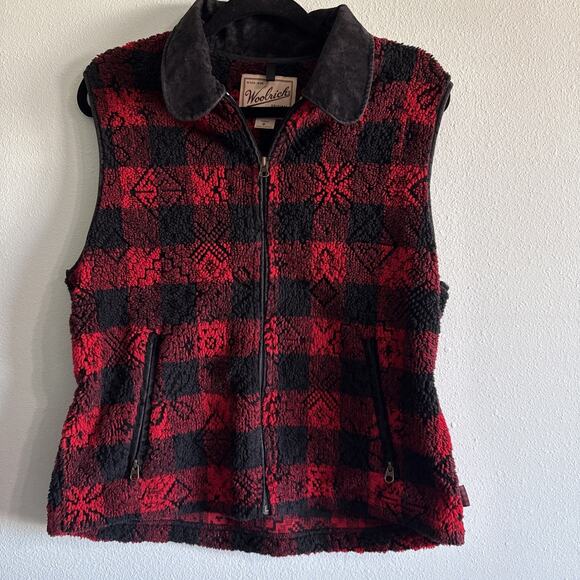 VTG Woolrich Wool Vest Buffalo Plaid Womens Medium Full Zip Pockets red/black - Picture 1 of 5